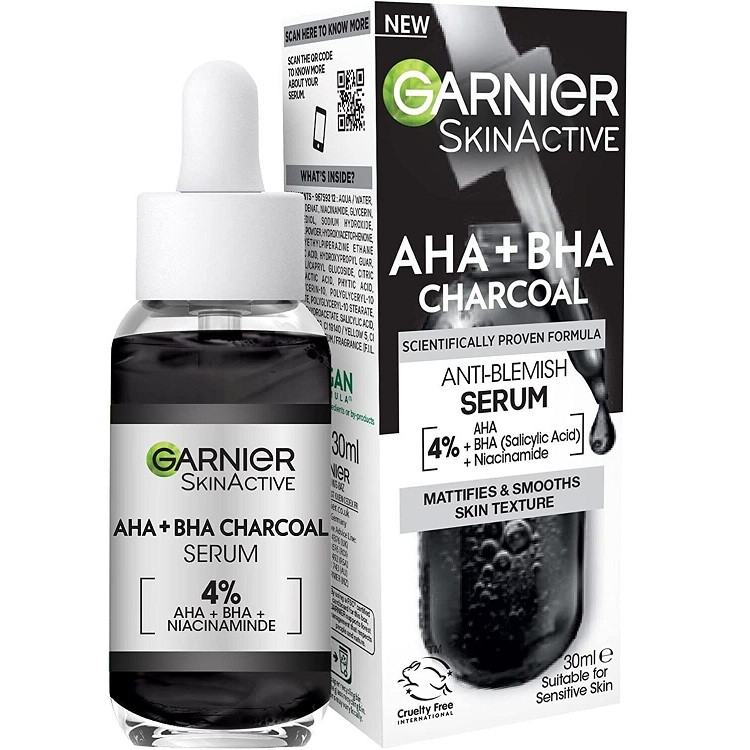 سرم لایه بردار ذغال ضدلک و ضد جوش AHA+BHA گارنیر فرانسوی مناسب پوستهای چرب و جوشدار حجم 30 میل | Garnier AHA+BHA Charcoal Anti-Blemish Serum