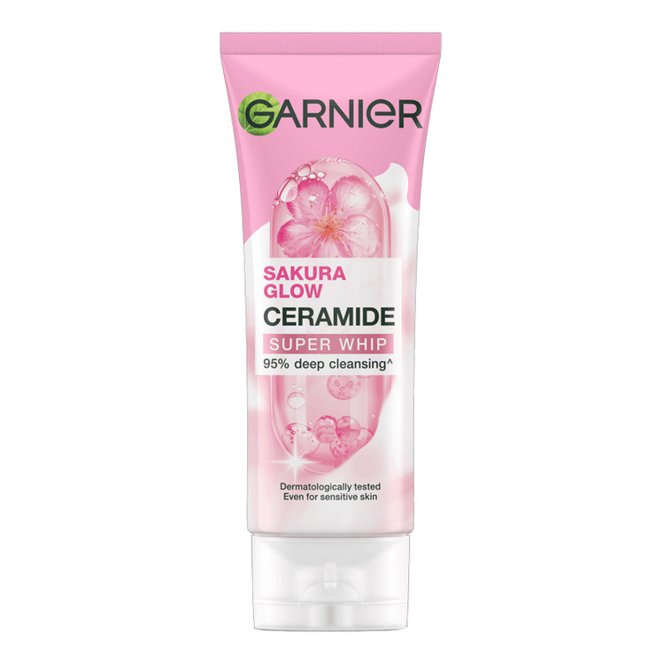 فوم شوینده صورت گارنیرGarnier ساکورا گلو Sakura Glow مدل Ceramide Super Whip شکوفه گیلاس حجم 100 میل