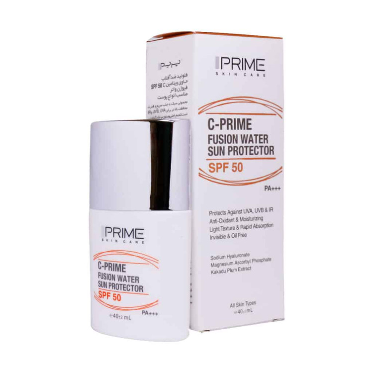 فلوئید ضد آفتاب بی رنگ پرایم PRIME مدل فیوژن واتر حاوی ویتامین سی+++SPF 50 PA مناسب صورت و دور چشم با SPF50 حجم 40 میلی لیتر