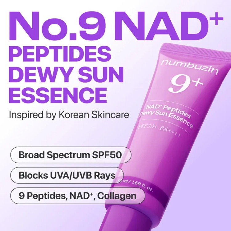 اسنس ضد آفتاب بی رنگ پپتاید جوانساز و ضد چروک و درخشان کننده ++++SPF50 PA نامبوزین numbuzin شماره 9 مناسب انواع پوست حجم ۵۰ میل
