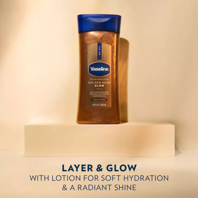 روغن ژل بدن شاین دار (شیمر) وازلین اورجینال مدل GOLDEN Hour Glow با رایحه وانیل کاکائو حجم 200 میلی لیتر
