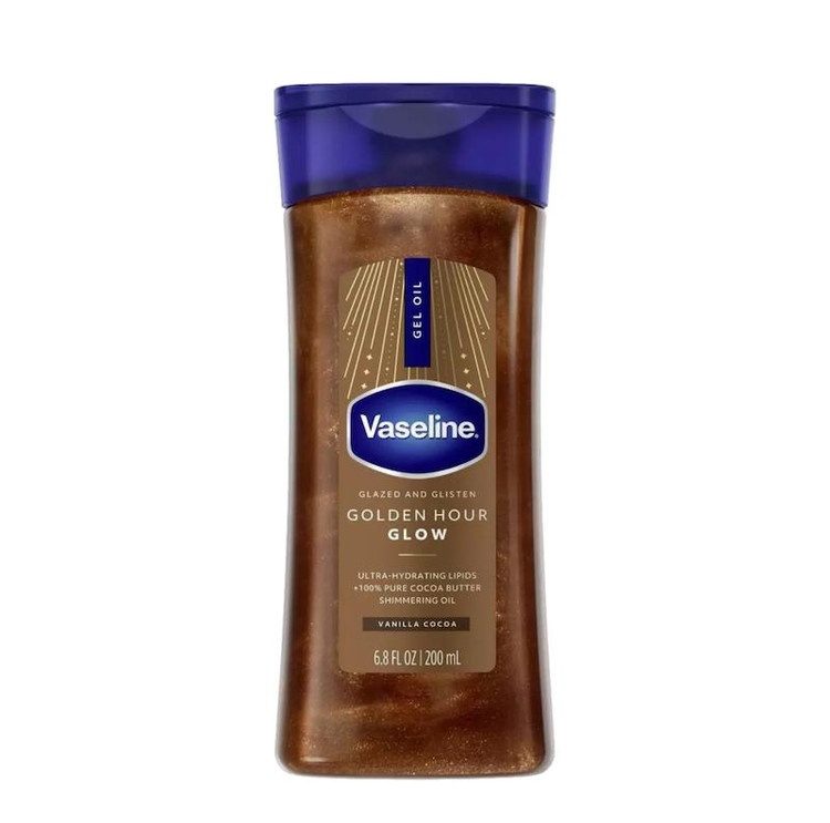 روغن ژل بدن شاین دار (شیمر) وازلین اورجینال مدل GOLDEN Hour Glow با رایحه وانیل کاکائو حجم 200 میلی لیتر