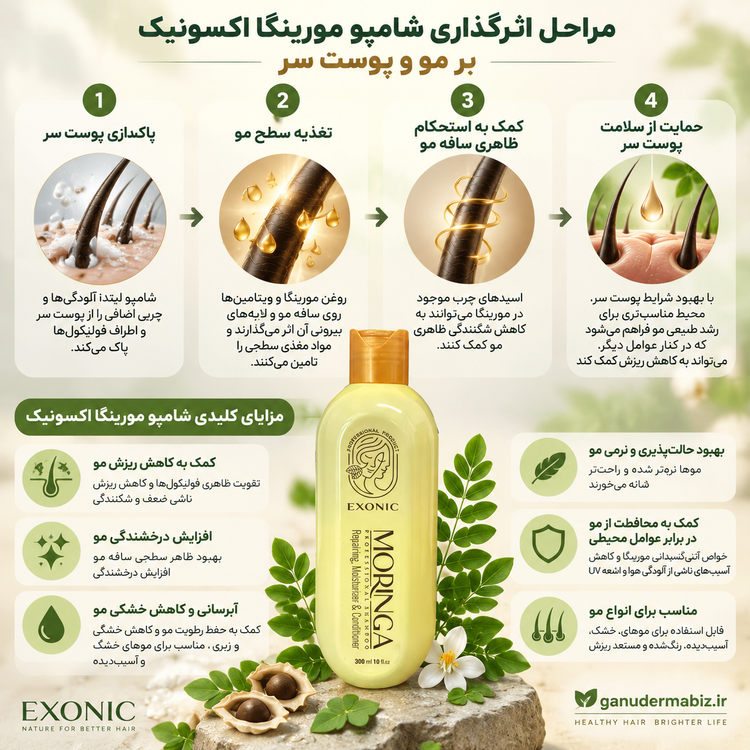 شامپو ضد ریزش ، ترمیم کننده ، تقویت کننده و نرم کننده مو مورینگا Moringa مدل اکسونیک Exonic حجم ۳۰۰ میل