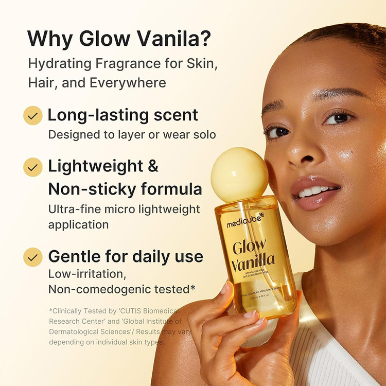 میست آبرسان و خوشبو کننده مو و بدن مدی کیوب Medicube مدل گلو وانیلا Glow Vanilla با رایحه وانیل حاوی کوجیک اسید و هیالورونیک اسید حجم ۱۰۰ میل