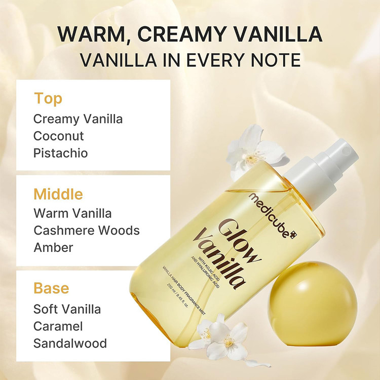 میست آبرسان و خوشبو کننده مو و بدن مدی کیوب Medicube مدل گلو وانیلا Glow Vanilla با رایحه وانیل حاوی کوجیک اسید و هیالورونیک اسید حجم ۱۰۰ میل