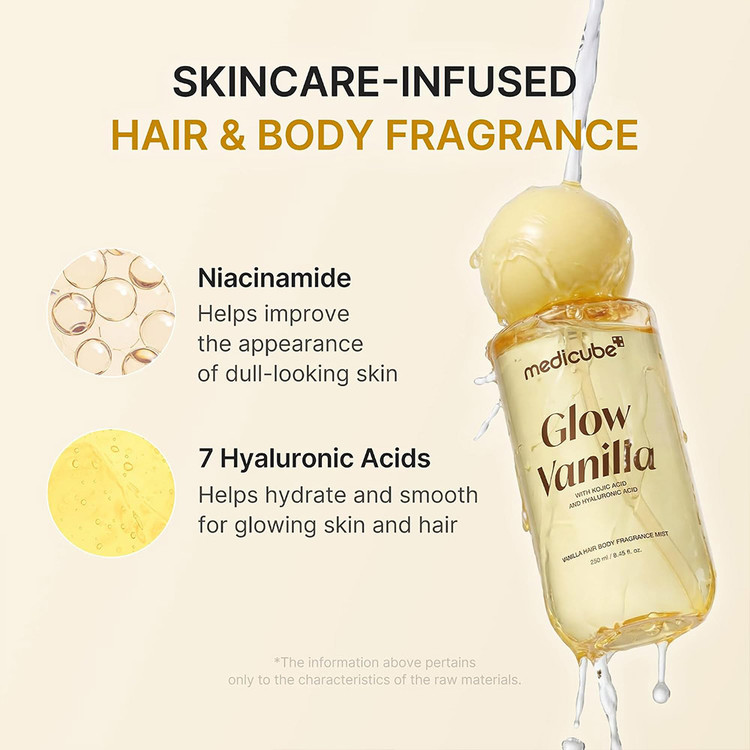 میست آبرسان و خوشبو کننده مو و بدن مدی کیوب Medicube مدل گلو وانیلا Glow Vanilla با رایحه وانیل حاوی کوجیک اسید و هیالورونیک اسید حجم ۱۰۰ میل