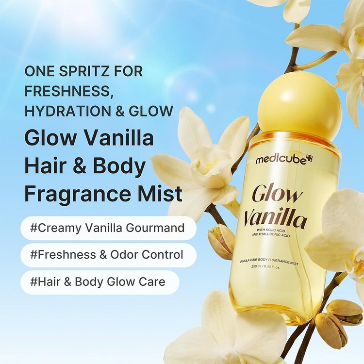 میست آبرسان و خوشبو کننده مو و بدن مدی کیوب Medicube مدل گلو وانیلا Glow Vanilla با رایحه وانیل حاوی کوجیک اسید و هیالورونیک اسید حجم ۱۰۰ میل